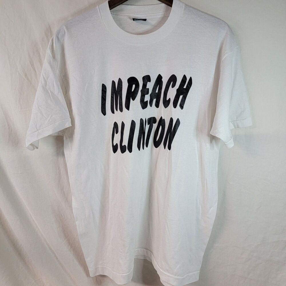 Vtg IMPEACH CLINTON 1990's Political Single Stitch White T-Shirt XL PreOwned